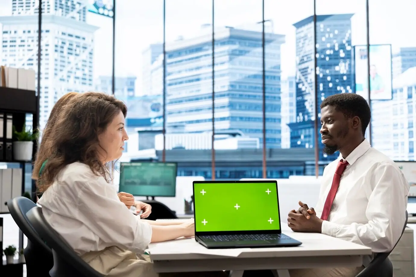 HR-Experten, die Stellenangebote und Gehaltspakete mithilfe eines Greenscreen-Laptops verhandeln.