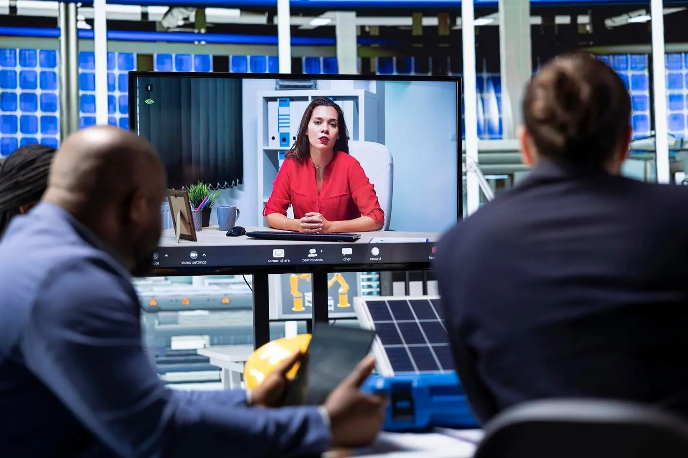 Fabrikmanager präsentieren den Investoren während einer Telekonferenz Produkte.