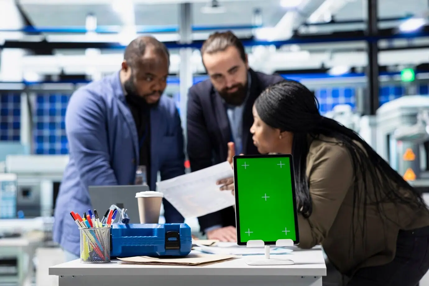 Vielfältige Gruppe zu Solarpaneelen begutachtet Einblicke am PC neben einem Greenscreen.